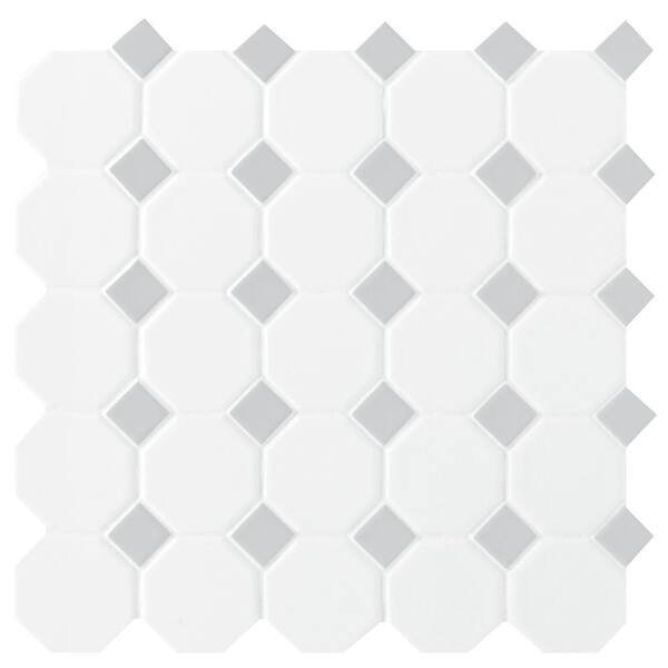 Octagon and Dot Matte White with Gray Dot 12 in. x 12 in. Glazed Ceramic Mosaic Tile (10 sq. ft./case)