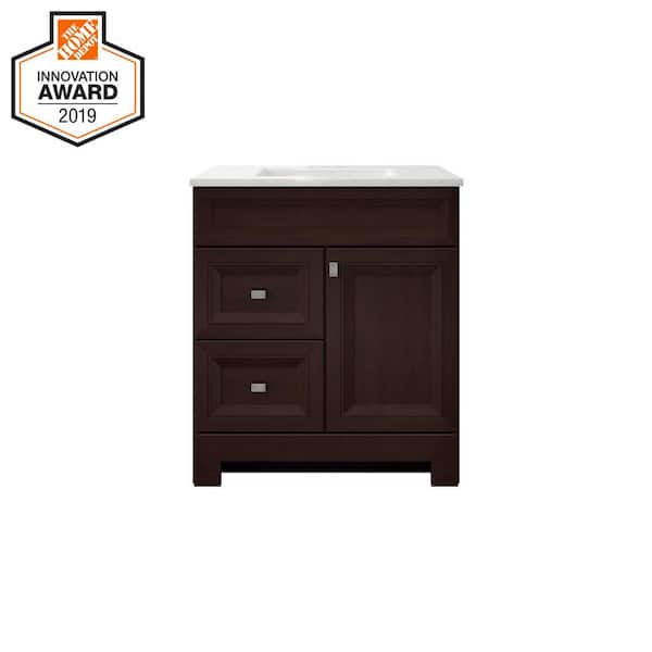 Sedgewood 30.5 in. W x 18.75 in. D x 34.375 in. H Single Sink Bath Vanity in Dark Cognac with Arctic Solid Surface Top