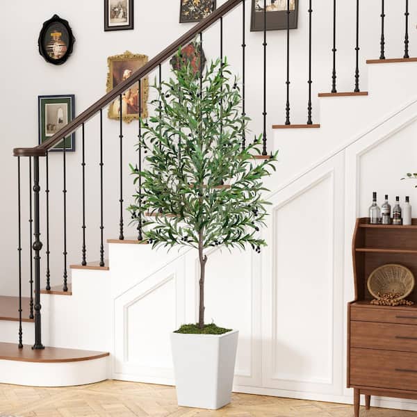 7 ft. Artificial Olive Tree in White Pot with Silk Leaves with Moss, Realistic Indoor Plant for Home & Office Decor
