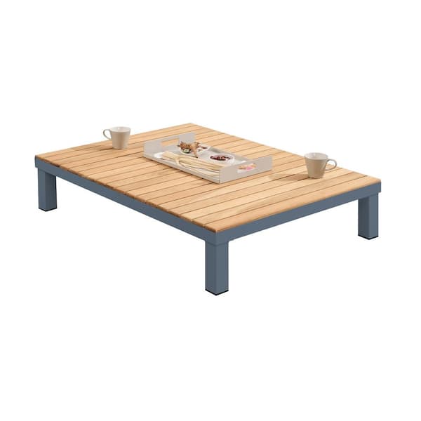 Armen Living Polo Gray Rectangular Aluminum and Teak Wood Outdoor Coffee Table