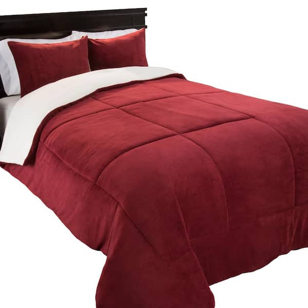 Unbranded 3-Piece Burgundy King Size Sherpa Fleece Comforter Set
