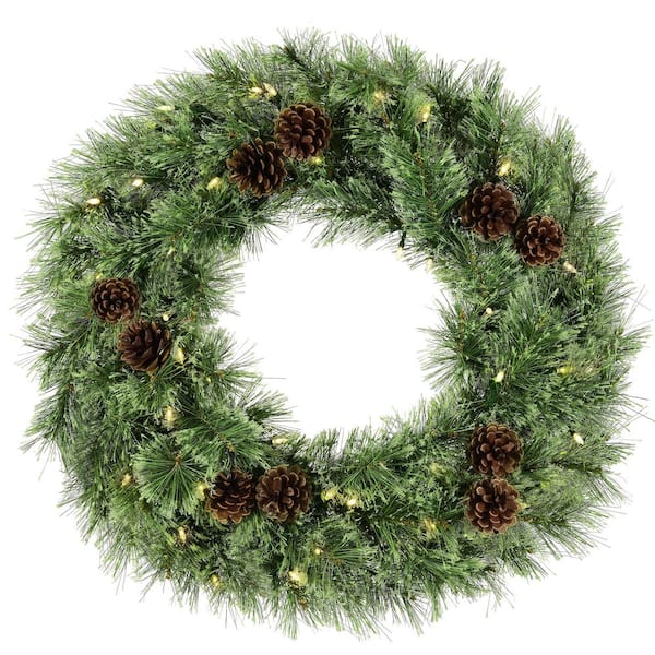 24 in. Green Battery Operated Prelit LED Cashmere Artificial Christmas Wreath with Pinecones