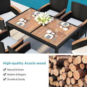 Classical Brown 7-Piece PE Rattan Wicker & Acacia Wood Patio Garden Outdoor Dining Set with Beige Cushions