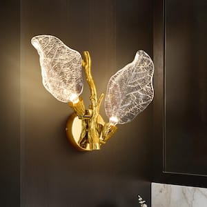 2-Light Gold Bionic Leaf Wall Sconce, LED Vanity Lighting Fixtures for Bathroom Hallway, Living Room, Stairs