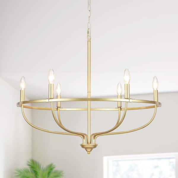 6-Light Gold Industrial Wagon Wheel Vintage Farmhouse Candle Chandelier