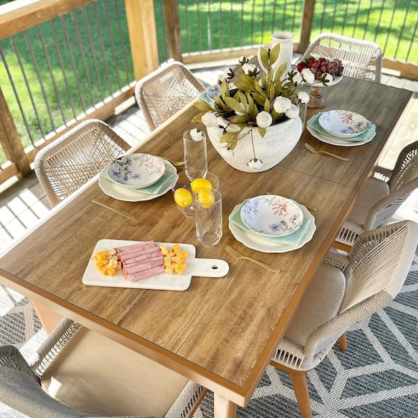 7-Piece Aluminum Outdoor Dining Set Teak Patio Furniture Set Wicker Table and Chairs with Cushions