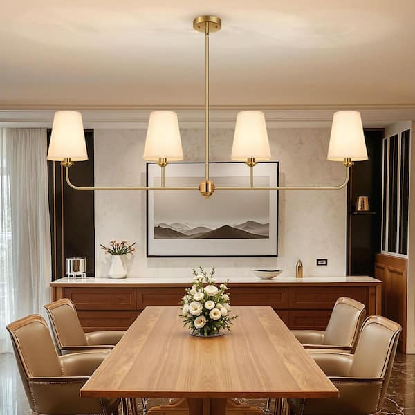 47 in. W 4-Light Linear Kitchen Island Pendant Lighting Fixture,Classic Gold Chandeliers w/ Linen Shades for Dining Room