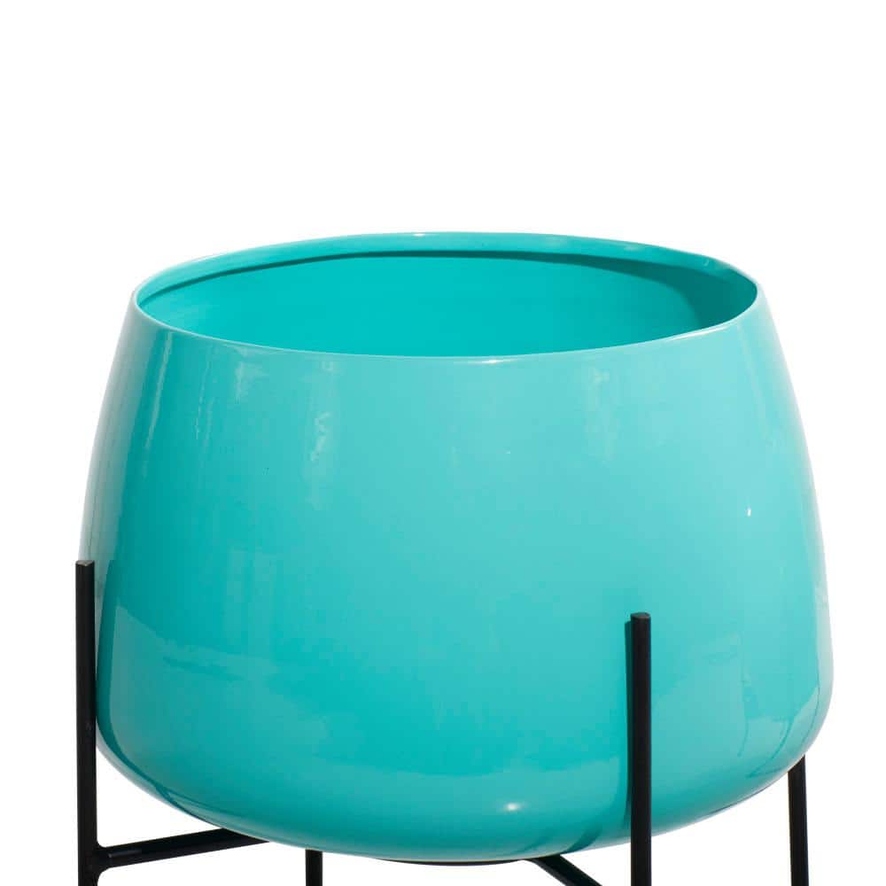 Teal Polished Metal Indoor/Outdoor Floor Planter Set with Black Stands