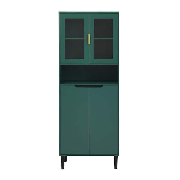 Otryad Green Tempered Glass Door Tall Storage Bookcase with Adjustable Board, 4-doors MDF Painting Finished Cabinet