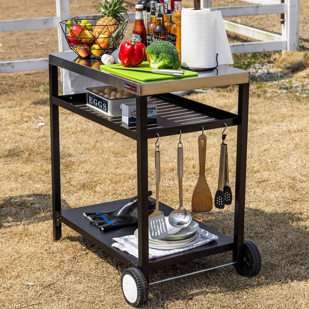 Stainless Steel and Black Triple-Shelf Outdoor Grill Cart