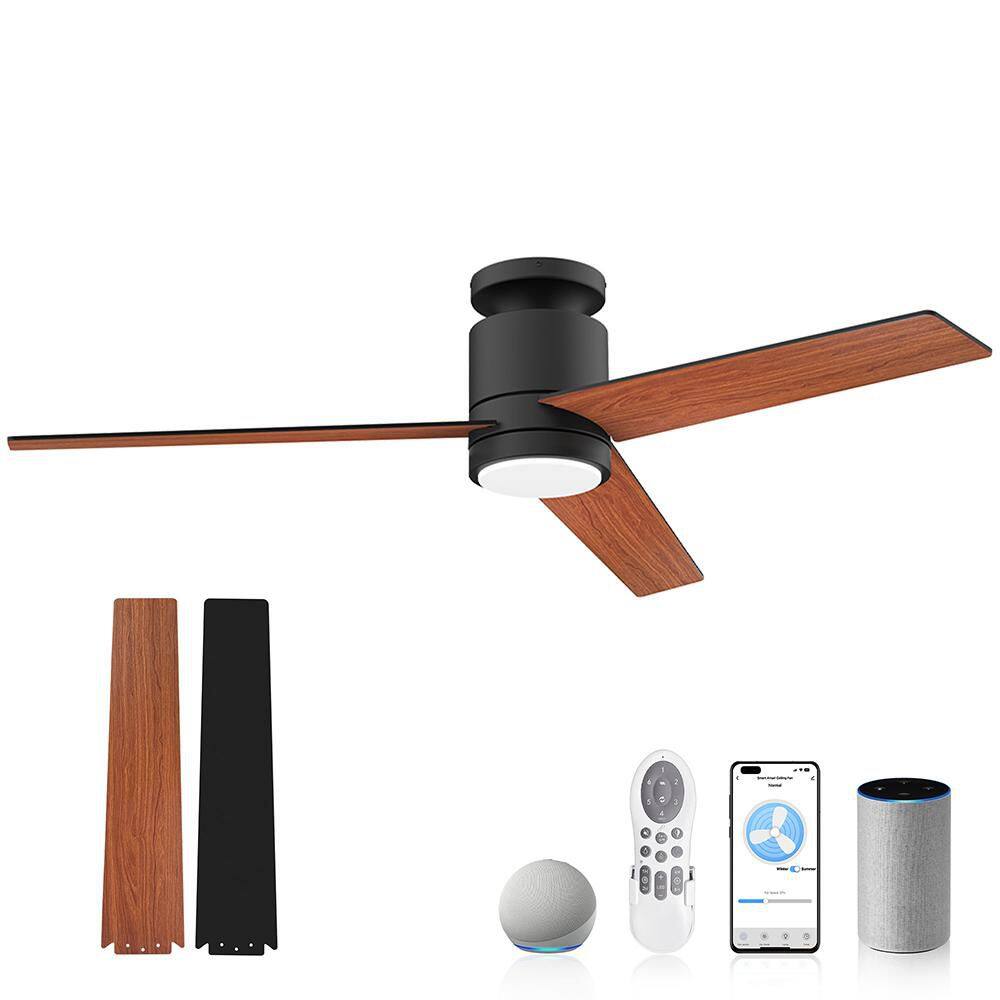 52 in. Smart Outdoor Indoor Black Flush Mount Ceiling Fans with Lights Remote Voice Control Via WIFI Alexa App, Dimmable price history on PriceWatchPro