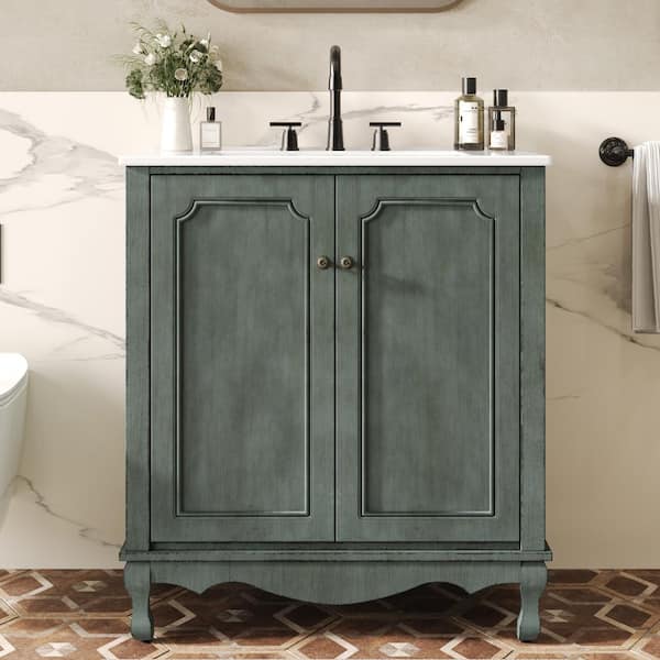 Ziyudura 30 in. Single Sink Antique Green Bath Vanity Cabinet with White Ceramic Top, Tip-Out Tray (Assembled)