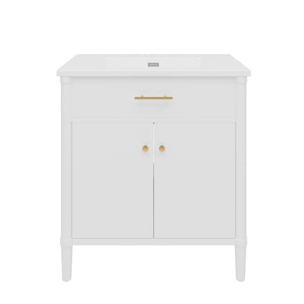 31 in. W Single Sink Freestanding White Bath Vanity with White Ceramic Top and Adjustable Shelf, Unassembled