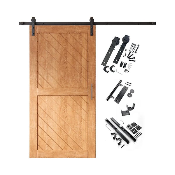HOMACER XT2 32 in. x 80 in. C-Panel Early American Slanted Stripe Design Solid Pine Wood Sliding Barn Door with Hardware Kit