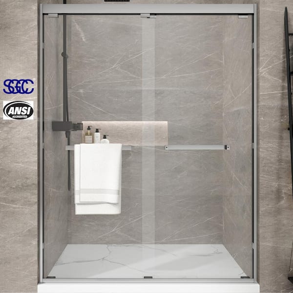 TOOLKISS 56 to 60 in. W x 76 in. H Sliding Semi Framed Shower Door in Brushed Nickel with Clear Glass