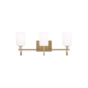 Oak Moore 23.875 in. 3-Light Satin Brass Vanity Light with Etched/White Glass Shades