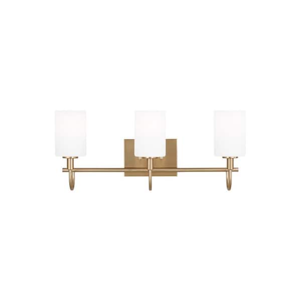 Generation Lighting Oak Moore 23.875 in. 3-Light Satin Brass Vanity Light with Etched/White Glass Shades