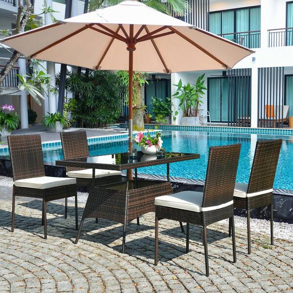 5-Piece Wicker Dining Set with Glass Table and High Back Chair