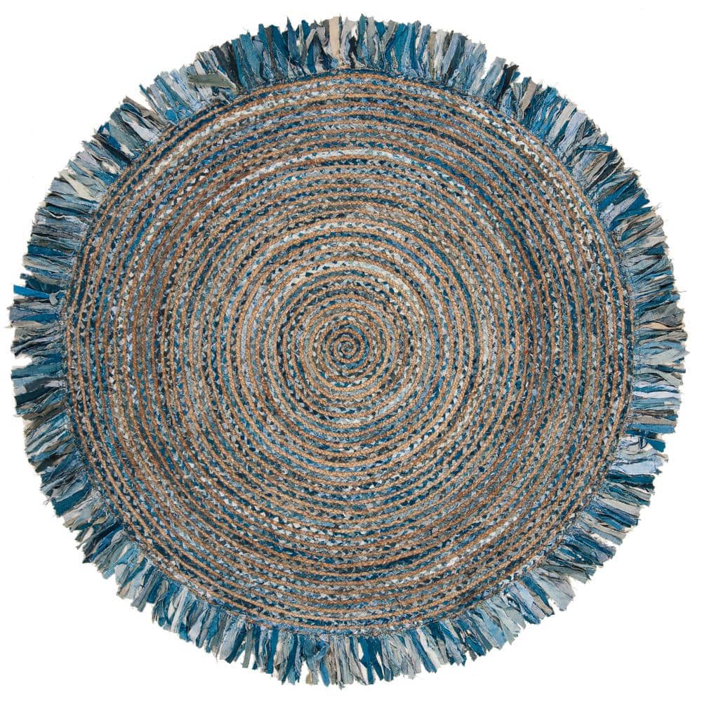 Ivory and Denim 7' Round Handwoven Boho Jute & Cotton Rug