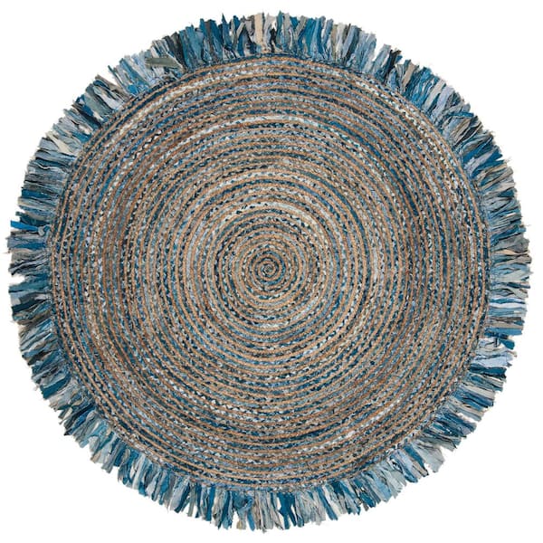 SAFAVIEH Cape Cod Ivory/Denim 7 ft. x 7 ft. Striped Gradient Geometric Round Area Rug