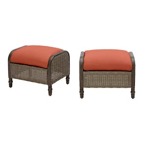 Windsor Brown Wicker Outdoor Patio Ottoman with CushionGuard Quarry Red Cushions (2-Pack)