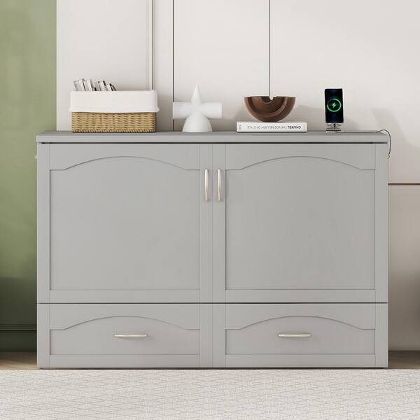 Harper & Bright Designs Gray Wood Frame Full Size Murphy Bed with Wardrobe  and Three Drawers QHS109AAE-F - The Home Depot