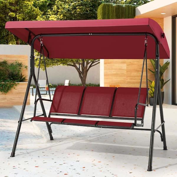 3-Person Metal Patio Swing and Red Adjustable Canopy for Backyard