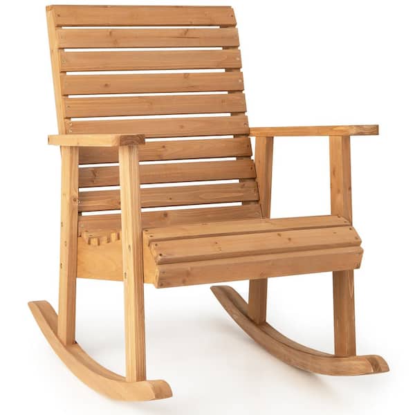 Costway Patio Wood Outdoor Rocking Chair High Back Fir Wood Armchair Natural Garden Yard