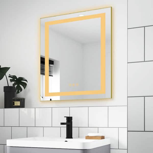 24 in. W x 30 in. H Rectangular Aluminum Framed Backlit and Front Light LED Wall Bathroom Vanity Mirror in Brushed Gold
