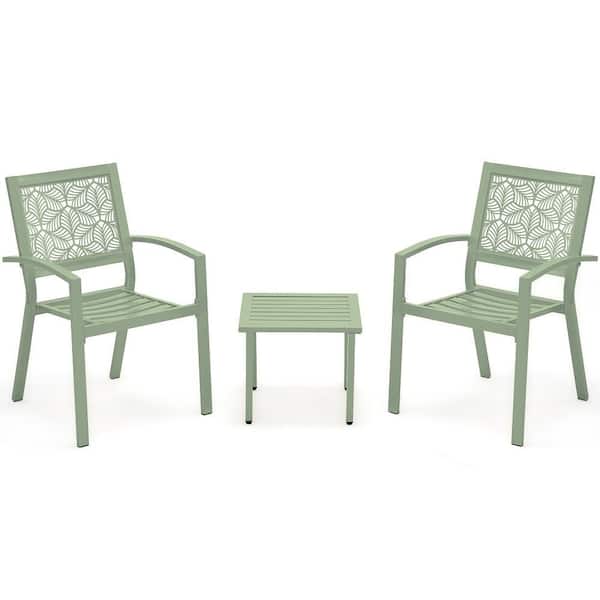 HOMMOW 3-Piece Metal Outdoor Bistro Set, Waterproof Patio Serving Bar Set with Floral Back Design Chairs and Table, Sage Green