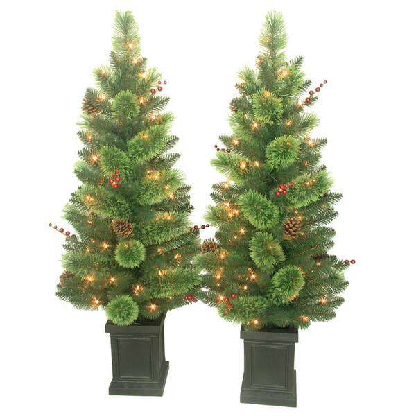 Home Accents Holiday 4 ft. Pre-Lit Artificial Christmas Savannah Berry Porch Tree (Set of 2)
