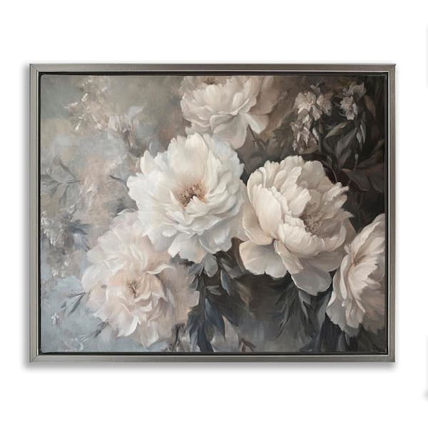 White Florals Vintage by Petal Prints Design Gray Floater Frame Nature Graphic Art Print 25 in. x 31 in.