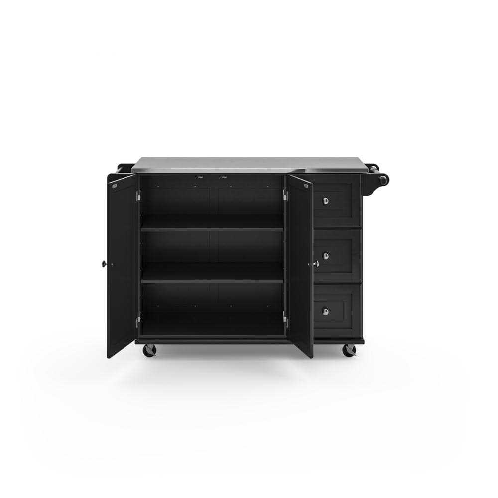 Stainless Steel Top Rectangular Kitchen Cart with Spice Rack and Storage, Black