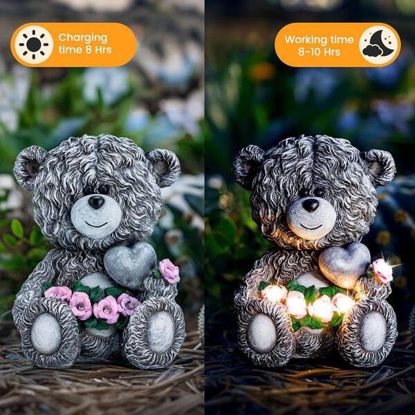 Solar Garden Outdoor Statues Bear with Heart and Pink Flower and 5