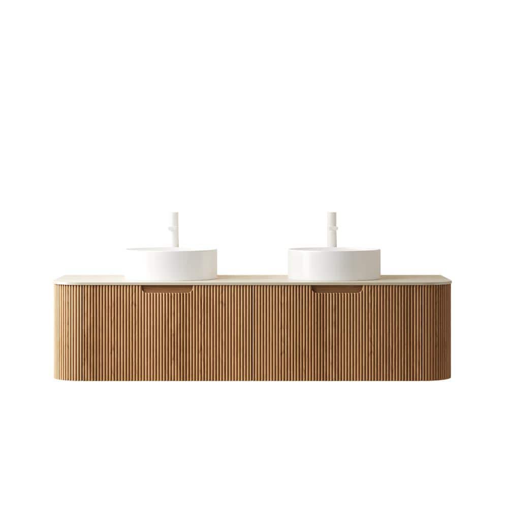 60 in. Floating Natural Wood Bath Vanity with Travertine-Pattern Sintered Stone Top and 2 Round Ceramic Basins price history on PriceWatchPro