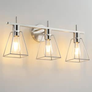 22 in. 3-Light Brushed Nickel Vanity-Light with Metal Cage Shade Rustic Farmhouse Bathroom-Light Fixture