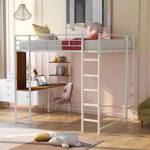 White Full Size Metal Loft Bed with 2-Shelves and 1-Desk -