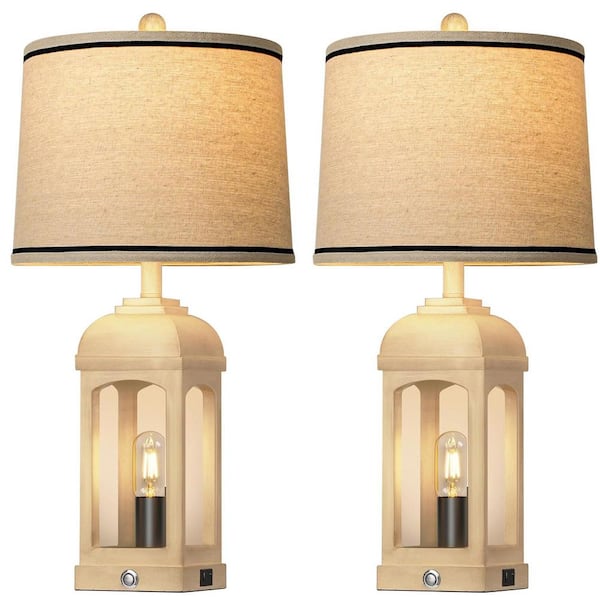 26 in. Cream White Rustic Table Lamp for Living Room, Farmhouse Bedside Lamps with USB and Nightlight 3-Way Dimmable