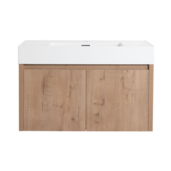 35.4 in. W x 18.1 in. D x 22.4 in. H Wall-Mounted Bath Vanity in Light Brown with White Resin Vanity Top