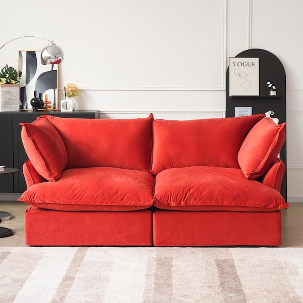 J&E Home 82.66 in. Red Linen 2-Seater Modular Free Combination Deep Seat Loveseat with Down-Filled Seat Cushions