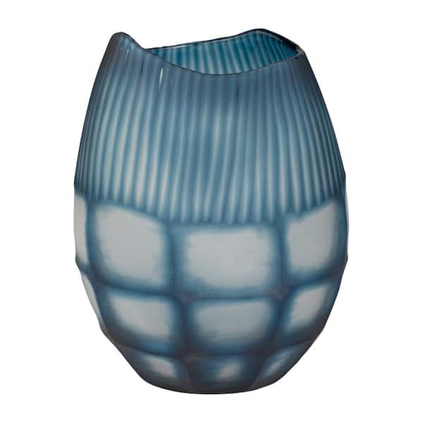 Liv & Skye 12 in. Blue Glass Carved Decorative Vase