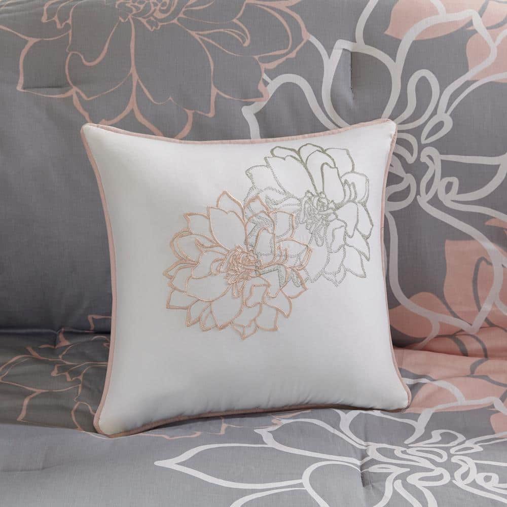 Gray and Blush Floral Cotton Queen Comforter Set