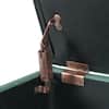 Close-up of the bronze-toned metal hinges on the storage bench.
