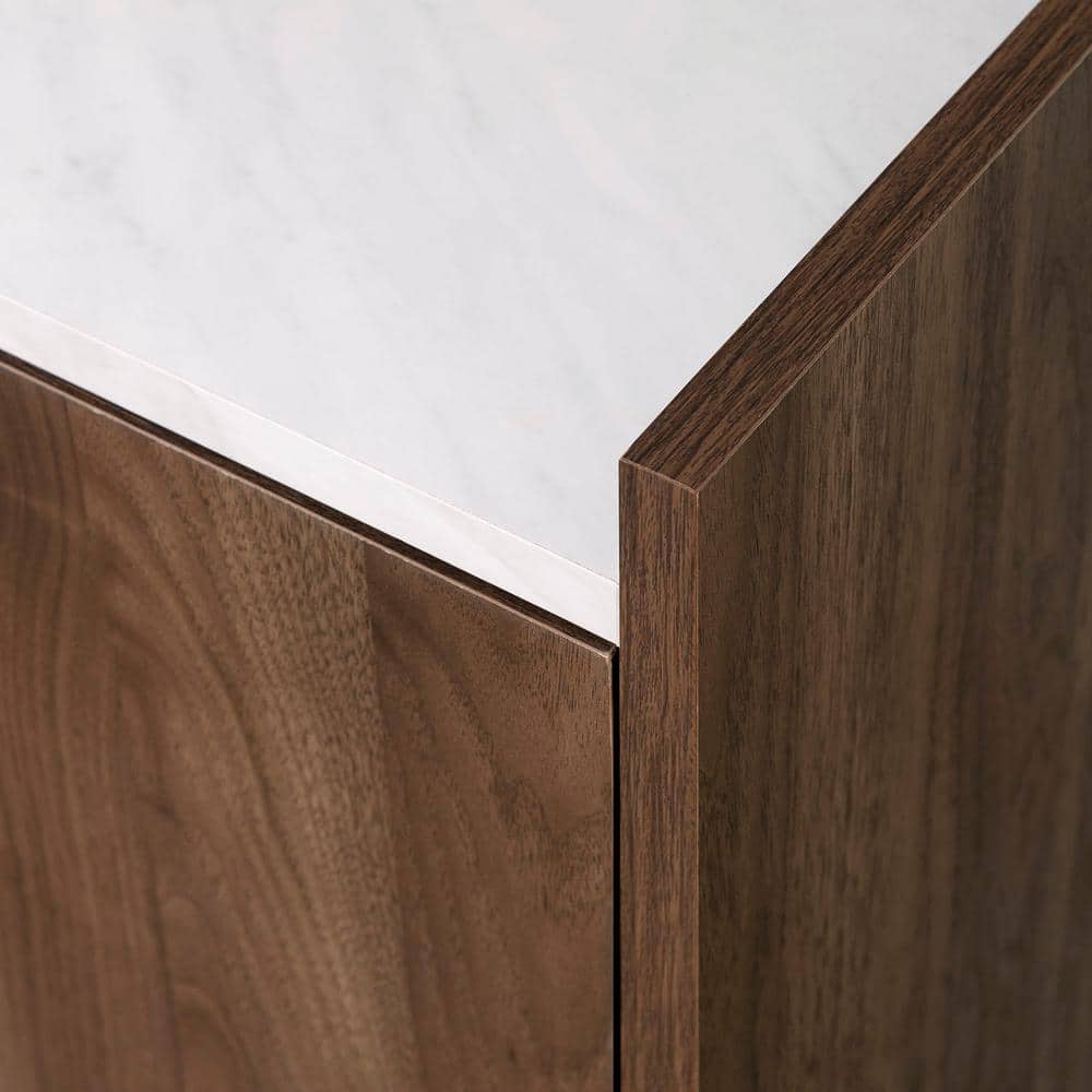 Scandi-Chic Glam Walnut Buffet with Wine Storage and Marble Accents