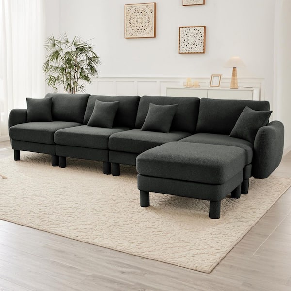 Karena 124.4 in. Rolled Arm Boucle Fabric Upholstery L-Shaped Sectional Sofa in. Dark Gray with Removable Ottoman