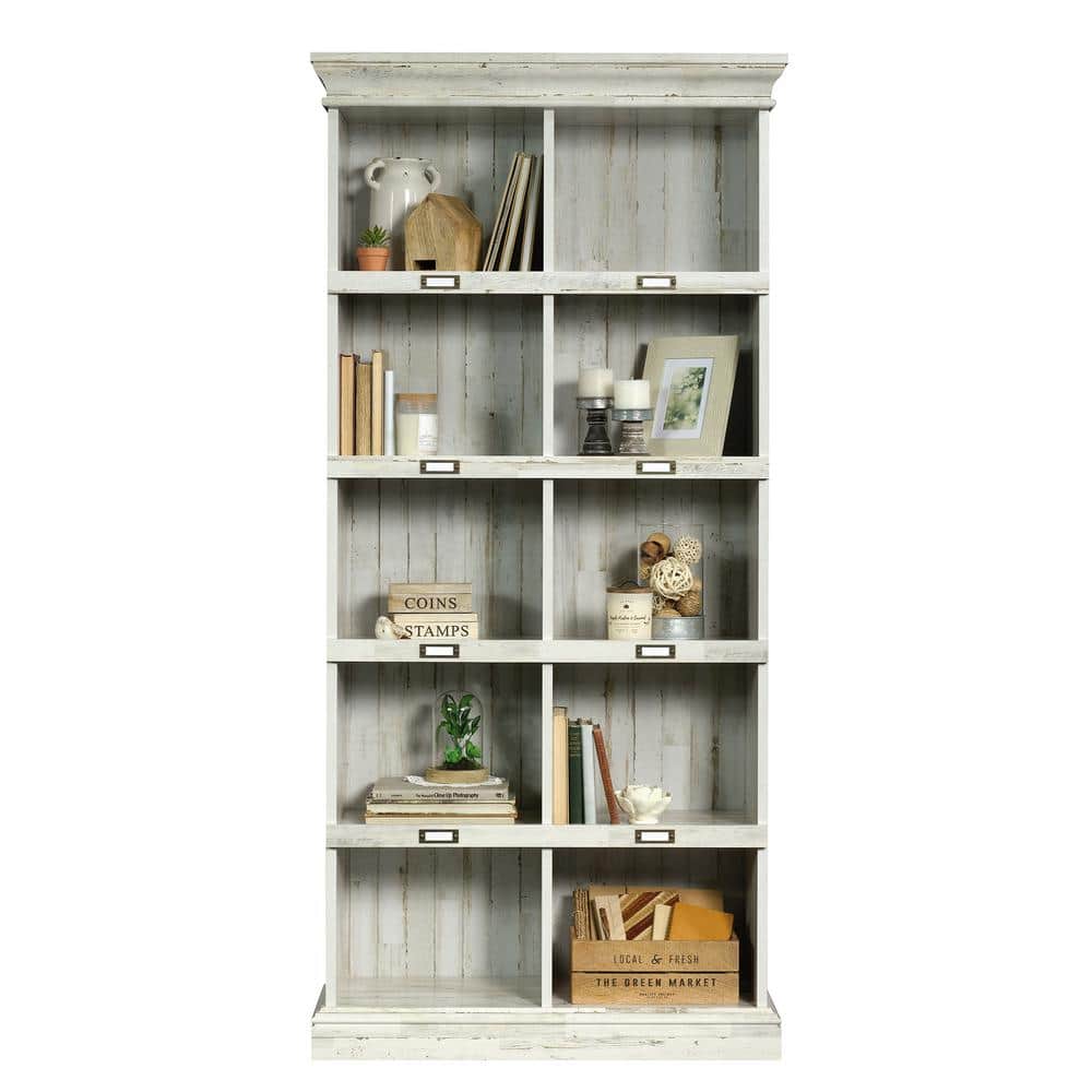 Elegant White Plank Wood Bookcase with 10 Cubbies and ID Labels