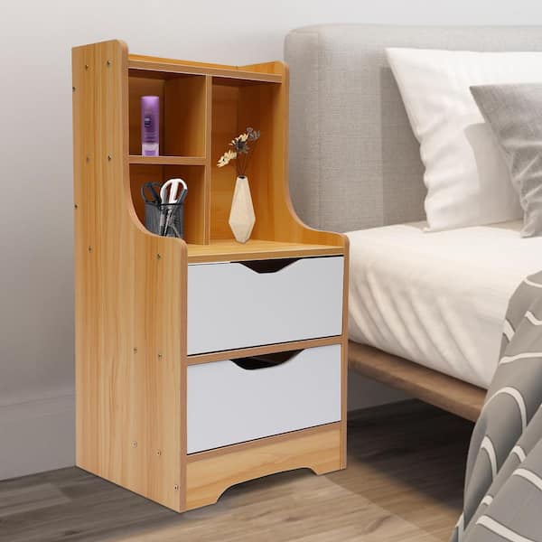 YIYIBYUS H 27.56 in. x W 11.81 in. x L 14.57 in. Wood 2-Drawer Nightstand Side Tbale with Shelves