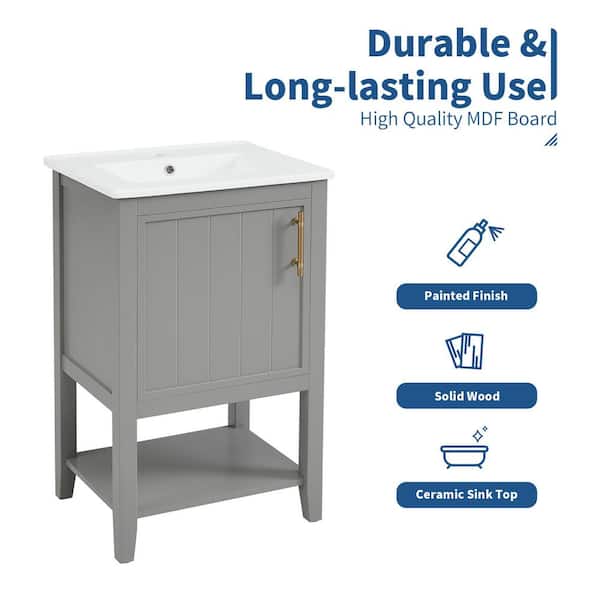 20 in. W Single Sink Freestanding Bath Vanity in Gray with White Ceramic Top, 1 Soft Closing Door and 1 Open Shelf
