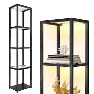 67in. Black Modern 4-Light Dimmable LED Column Floor Lamp with Glass Shelves and Remore Control