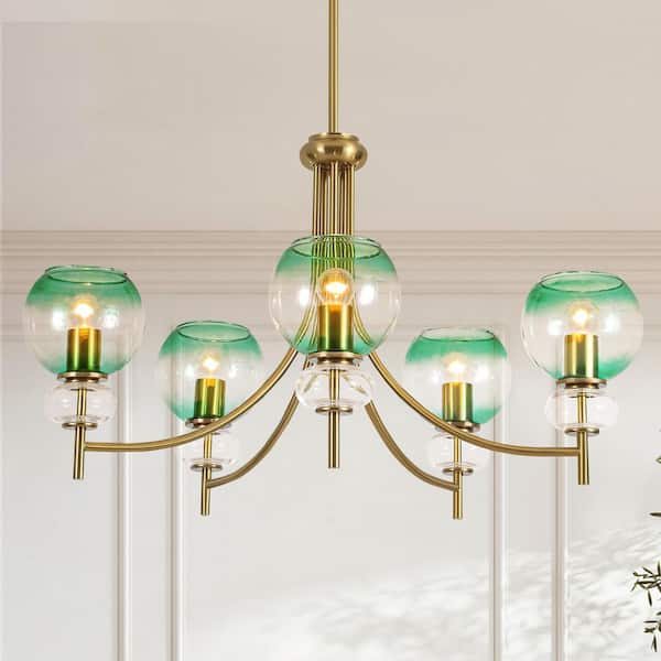 Ayden 5-Light Modern Glam Gold Branch Sputnik Gradient Green Glass Globe Chandelier with Clear Glass Accents